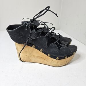 Five Worlds By Cordani Raul Leather Lace Up Wooden Platform Sandals Wedge 9.5